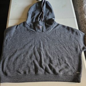 Alo Yoga Realm Short Sleeve Charcoal Gray Hoodie Top Large Size